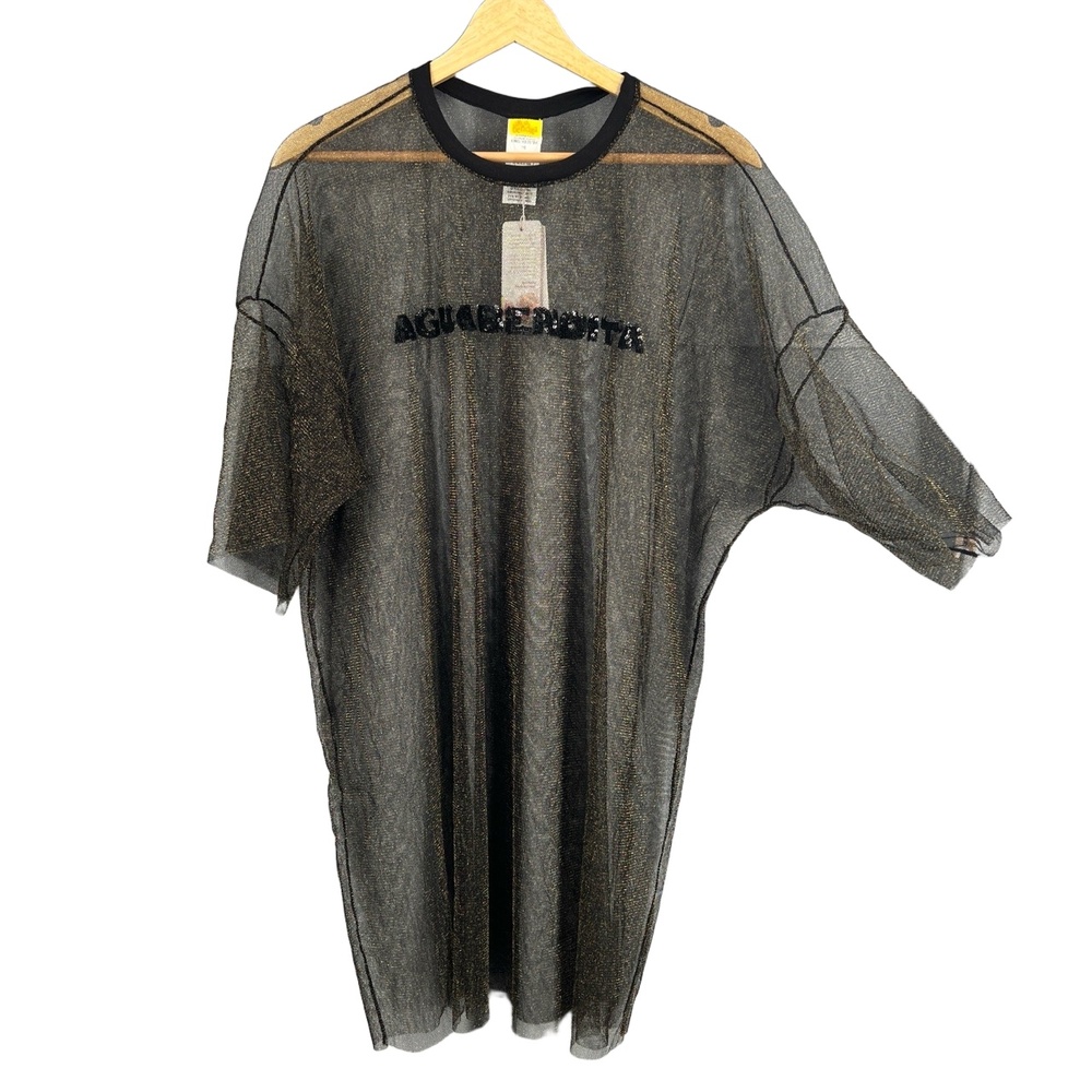 Agua Bendita Shirt Black Sheer Mesh Metallic Thread Graphic Sequin Logo Sm New